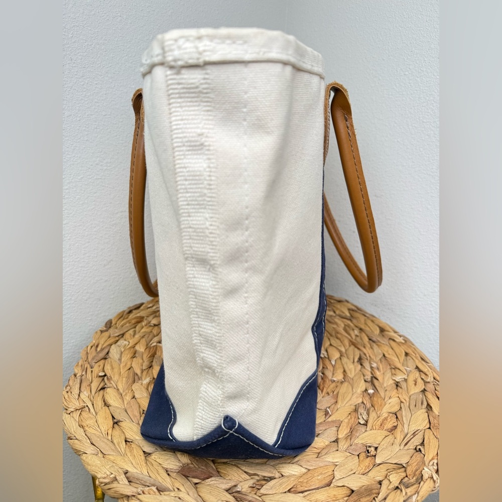 Vtg L.L. Bean Boat & Tote Bag Leather-Handle Canvas Carryall white navy stiff - Picture 8 of 13